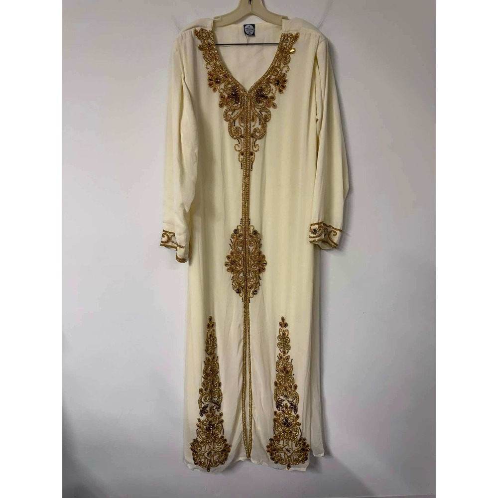 Adiba Attire Womens 2XL Cream Kaftan Dress Gold Beaded Embellished Maxi Indian